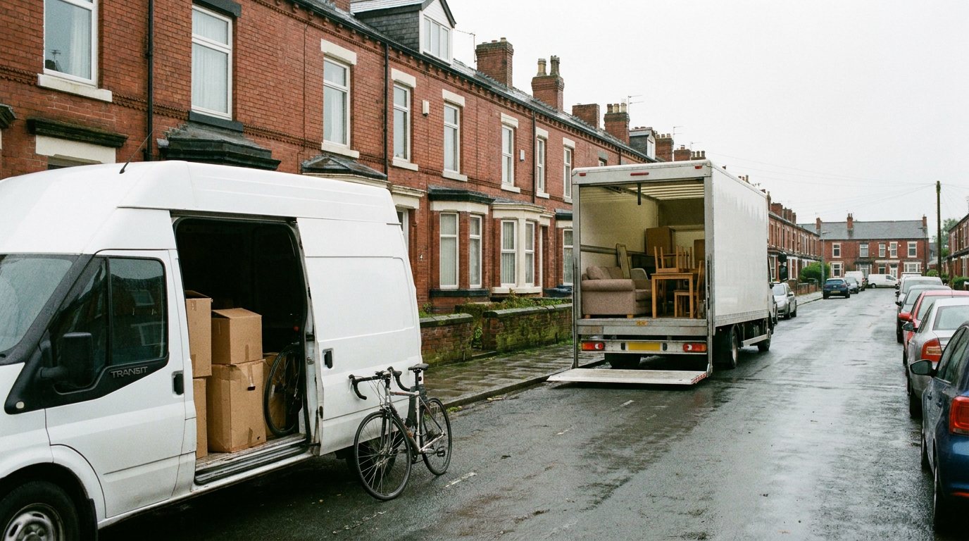 A small van and a larger removal lorry parked on a terraced street