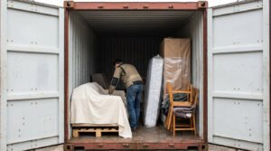 Furniture on pallets with breathable covers inside a container