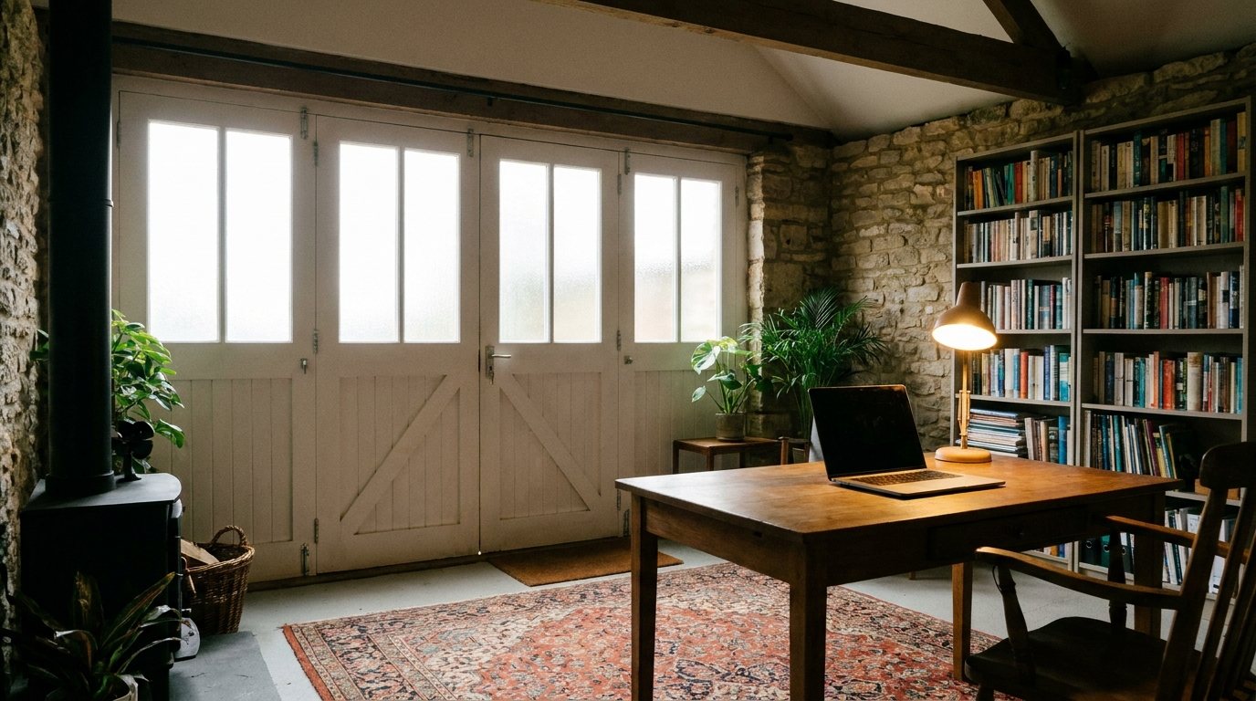 Garage converted into a home office with insulated timber doors letting in soft daylight