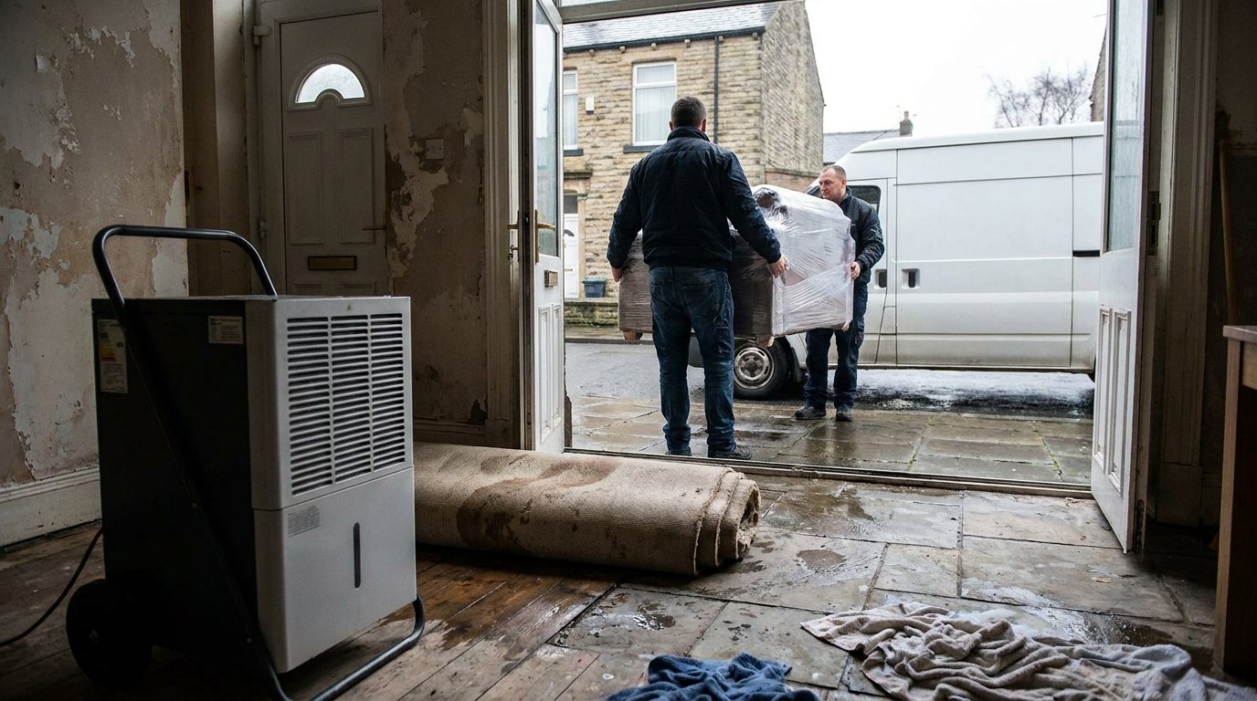 Movers carrying furniture out of a water-damaged house