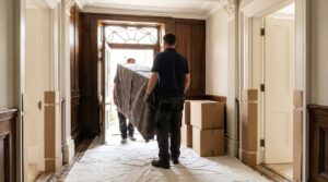 Movers carrying wrapped furniture through a protected period hallway