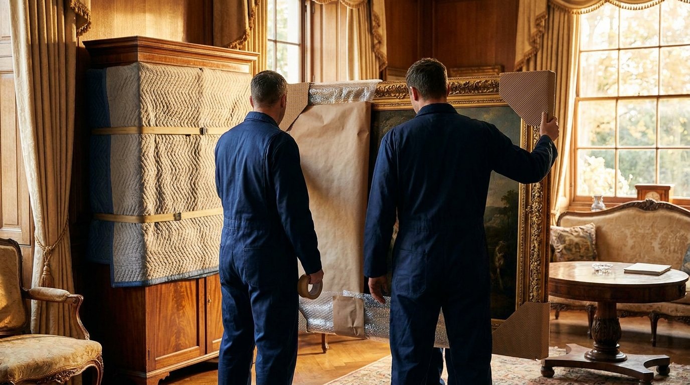 Movers wrapping a framed painting and an antique cabinet