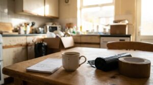 Notepad checklist mug of tea and bin bags on a kitchen table