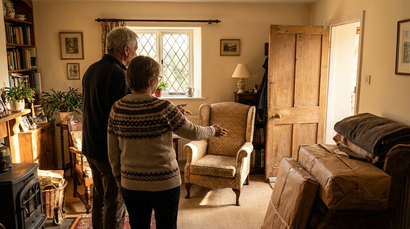 Older couple arranging furniture in a smaller cottage sitting room