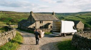 Removal van in the yard of a stone farmhouse in moorland countryside