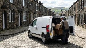 Small unmarked van being loaded on a steep cobbled terraced street