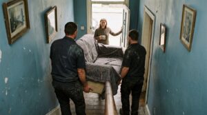 Two movers carrying a wrapped sofa down a narrow staircase