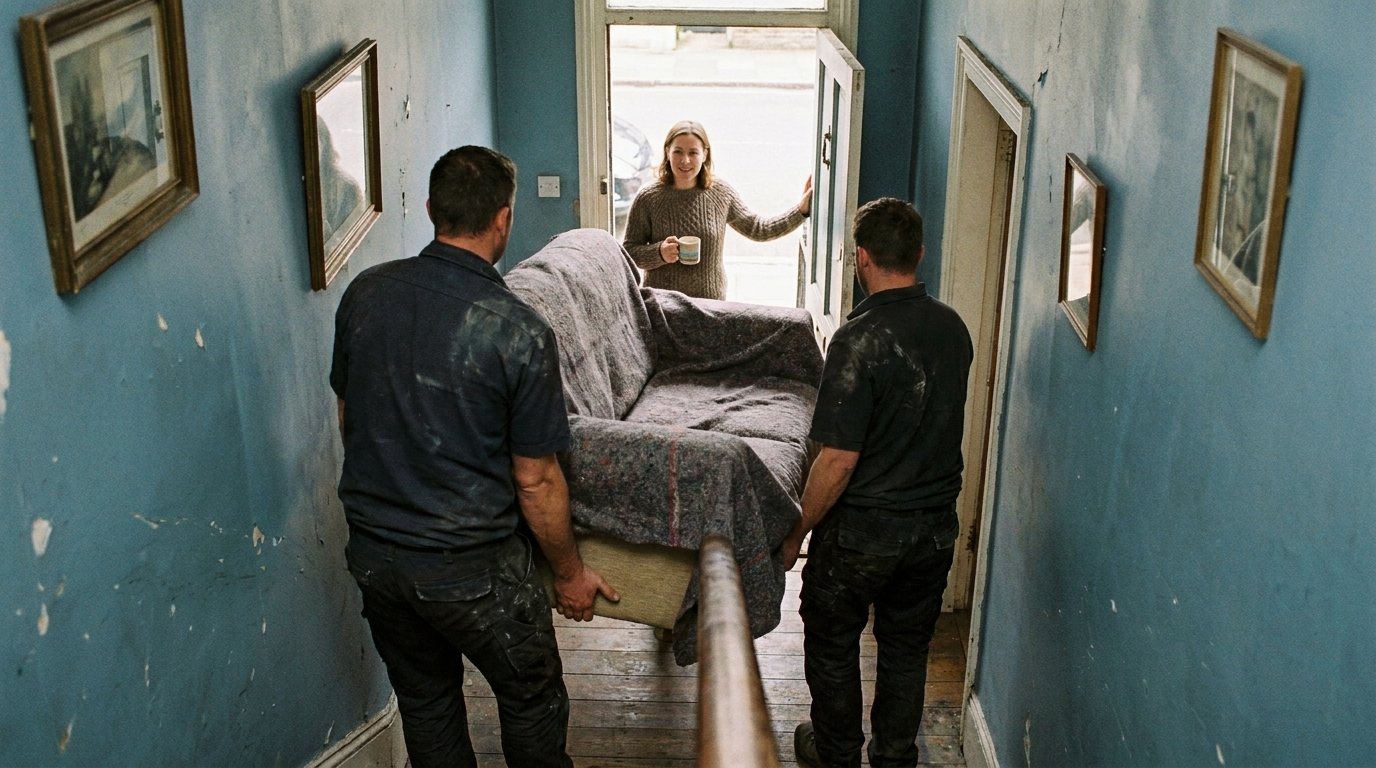 Two movers carrying a wrapped sofa down a narrow staircase