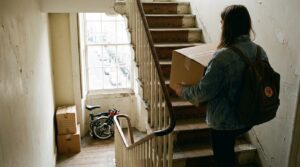 Woman carrying a box up the narrow stairs of a converted flat